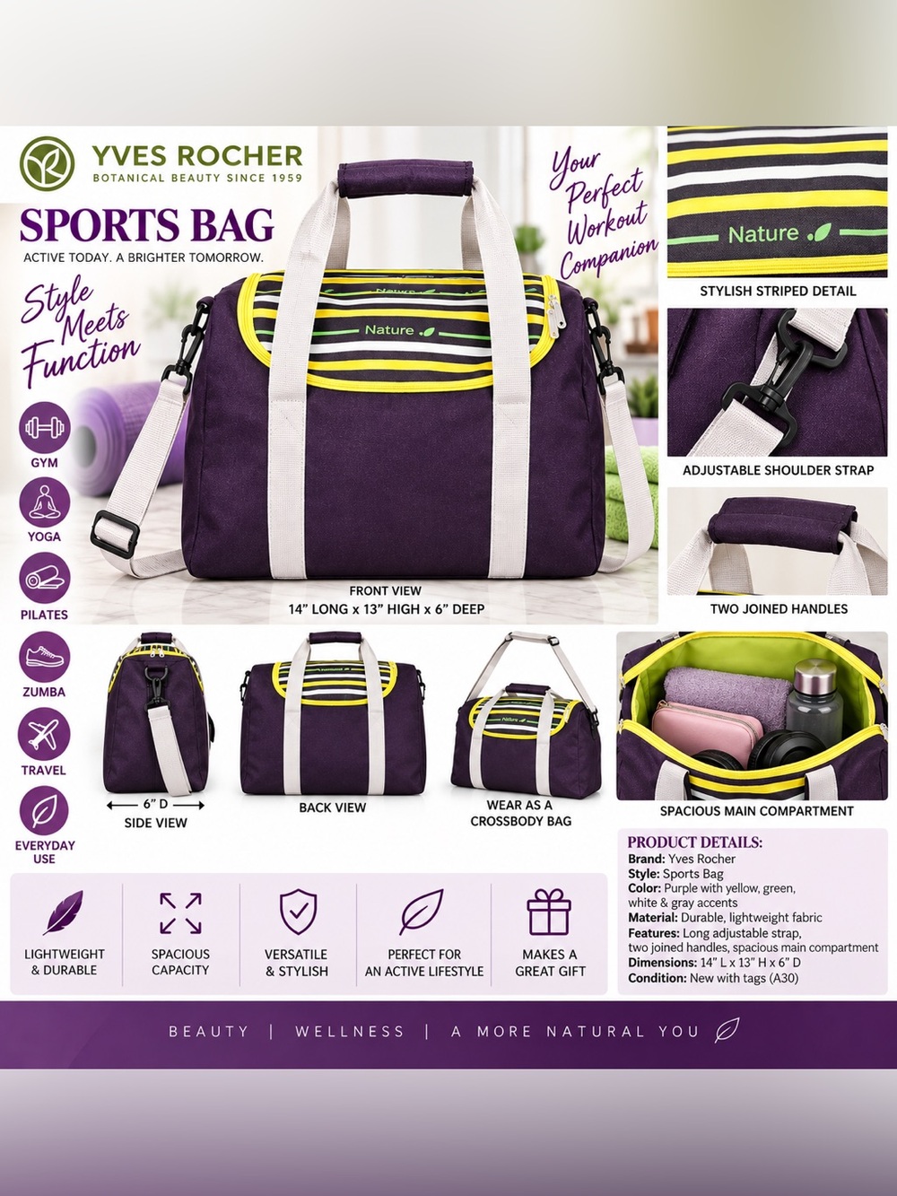 YVES ROCHER SPORTY GYM BAG - PURPLE (NEW WITH TAGS) A30